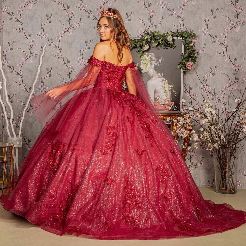 New Off Shoulder Butterfly Embellished Quinceanera Gown w/ Lace Up Back GL3181 - Picture 9 of 13